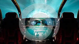 Space travelers-astronauts fly through the space portal in their interstellar spacecraft. The image is for fantastic or