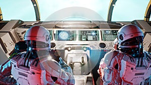 Space travelers-astronauts fly through the space portal in their interstellar spacecraft. The image is for fantastic or