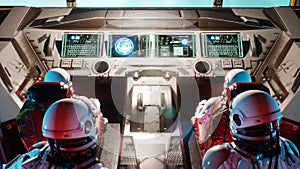 Space travelers-astronauts fly through the space portal in their interstellar spacecraft. The image is for fantastic or