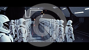 Space troops in orange protective suits, futuristic society and technology, space sci-fi world. Generative Ai