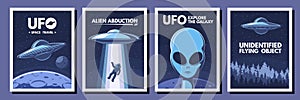 Space UFO posters. Retro alien, flying object and space travel vector Illustration set photo