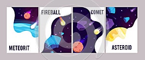 Space universe cards. Cartoon meteorit comet fireball vector posters