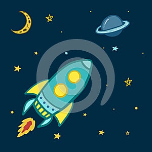 Space. Vector color illustration of space with planet and rocket. Cartoon style drawing