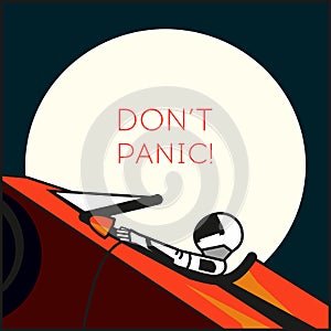 Space vector poster. Starman in space suit red electric car in open space. Hand drawn retro illustration astronaut