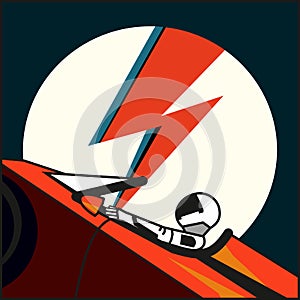 Space vector poster. Starman in space suit red electric car in open space. Hand drawn retro illustration astronaut