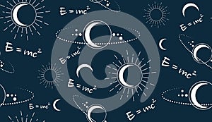 Space vector seamless pattern with physical speed of light formula E=MC2. Moon, sun, stars, orbits, Planes. Magic pagan Wicca sign