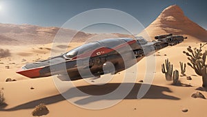 A space vehicle glides over a foreign land that has sand, rocks, and cacti. The vehicle is a red and silver speeder