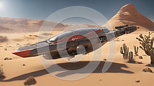 A space vehicle glides over a foreign land that has sand, rocks, and cacti. The vehicle is a red and silver speeder photo