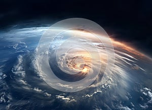 Space view of the eye of a gigantic hurricane, swirling above the Earth