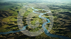 Space View Of River And Grass Fields