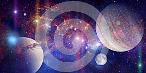 Space wallpaper banner background. Stunning view of a cosmic galaxy with planets and space objects. Elements of this image