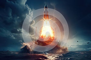 Space wallpaper rocket launch explosion with fire exploding. Illustration AI Generative