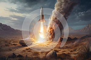 Space wallpaper rocket launch explosion with fire exploding. Illustration AI Generative