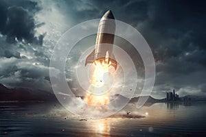 Space wallpaper rocket launch explosion with fire exploding. Illustration AI Generative