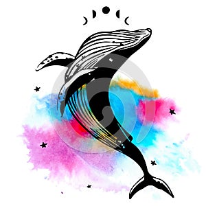 Space whale print for t-shirts or cards. hand drawn whale on watercolor background.
