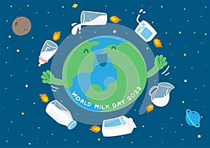 Space World globe planet among rocket milk box, glass, pouring pitcher and baby bottle, World Milk Day 2022 concept cartoon flat