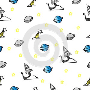 Space world illustration on white background. rocket, comet, planet, ufo and stars. seamless pattern, hand drawn vector. doodle ar