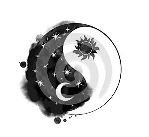 Space yin yan ying yang symbol with stars, moon and black sun. Watercolor in artistic style with splashes, drops of