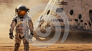 Spacecraft and astronaut on Mars surface, scenery of deserted sandy planet. Spaceman walks near Martian spaceship. Concept of sci-
