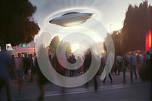 Spacecraft disc hovering over the city streets with people around. Paranormal ufology background