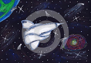 The spacecraft flies among the planets. Children`s drawing. Russian Text - North