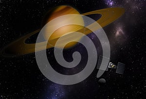 Spacecraft flying to Saturn in outer space.
