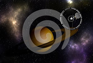 Spacecraft flying to Saturn in outer space.