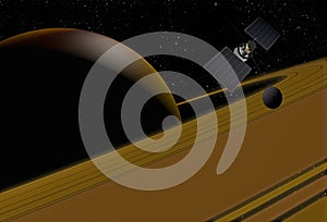 Spacecraft flying to Saturn in outer space.