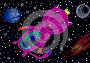 A spacecraft in the form of a cat with a crown flies in outer space. Children`s drawing