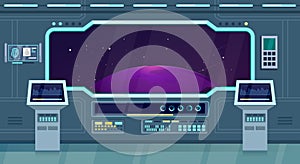 Spacecraft, shuttle or ship interior flat vector illustration game background. Space travel future