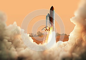 Spacecraft takes off into space. Rocket on the planet Mars