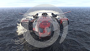 The spacecraft takes off from under the water and flies over the surface of the ocean. Concept for fantasy, futuristic