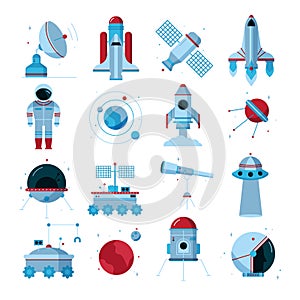 Spacecrafts Instruments Equipment Flat Icons Set