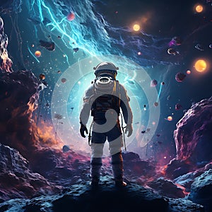 Spacefaring nomad futuristic attire, floating asteroids, cosmic journey, explorer spirit