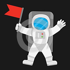Spaceman astronaut in outer space holding red banner flag