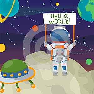 Spaceman cartoon astronaut in space, cosmonaut at moon vector illustration. Hello world, astronomy technology and