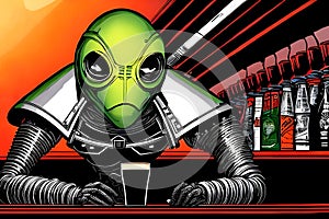 Spaceman drinking dark beer in extraterrestrial bar