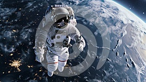 Spaceman floats weightlessly in outer space, contrasting spacesuit against beauty of Earth below