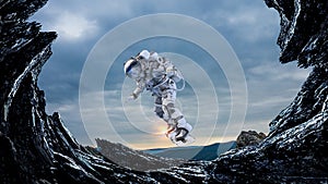 Spaceman on flying board. Mixed media