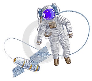 Spaceman flying in open space connected to space station, astronaut man or woman in spacesuit floating in weightlessness and iss