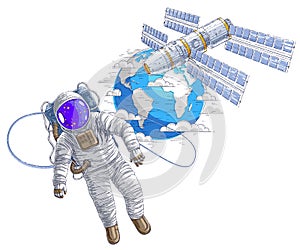 Spaceman flying in open space connected to space station and ear