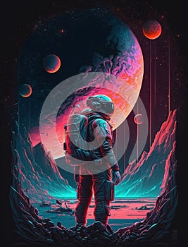 Spaceman on futuristic landscape background. Astronaut and colorful fantasy planet for National Space Day. Generative AI photo