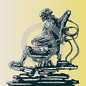 Spaceman invader sits in suit on his iron throne. Vector illustration.