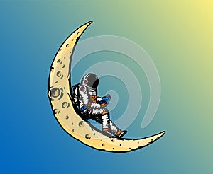 Spaceman on the moon. Astronaut is reading a book. Astronomical galaxy space. Funny cosmonaut explore adventure