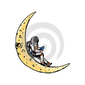 Spaceman on the moon. Astronaut is reading a book. Astronomical galaxy space. Funny cosmonaut explore adventure