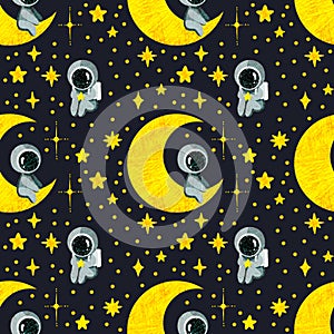 Spaceman with moon and stars illustration textured raster