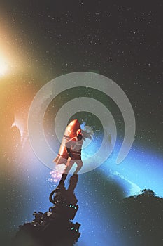 Spaceman with red jetpack rocket standing against starry sky