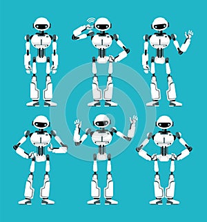 Spaceman robot android in different poses. Cute cartoon futuristic humanoid character set