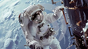 Spaceman\'s expert repair work on spacecraft in outer space