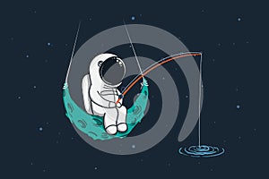 Spaceman sits on moon with a fishing rod